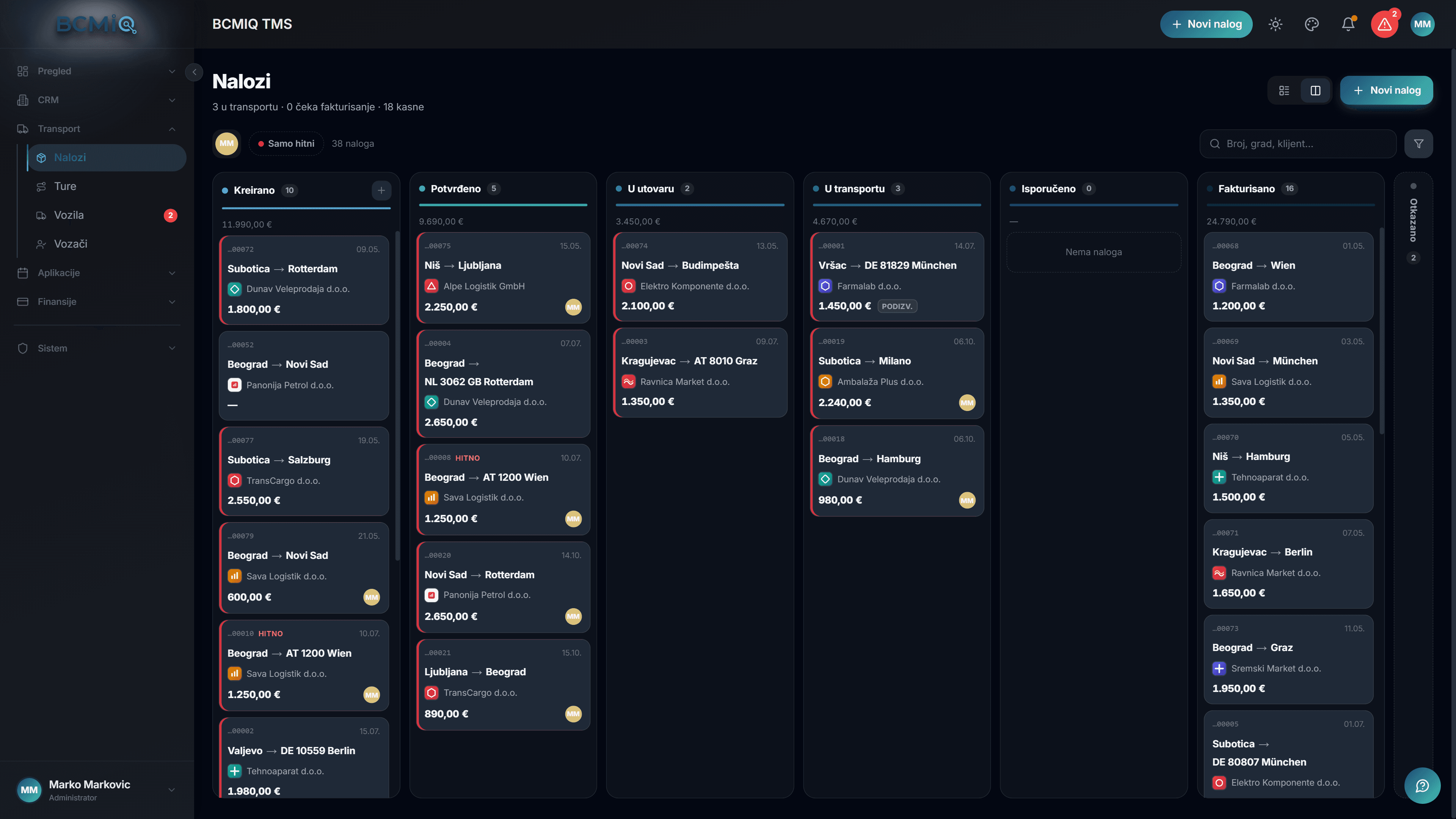 Kanban tabla naloga u BCMiQ TMS-u: kolone po statusu od Kreirano do Fakturisano
