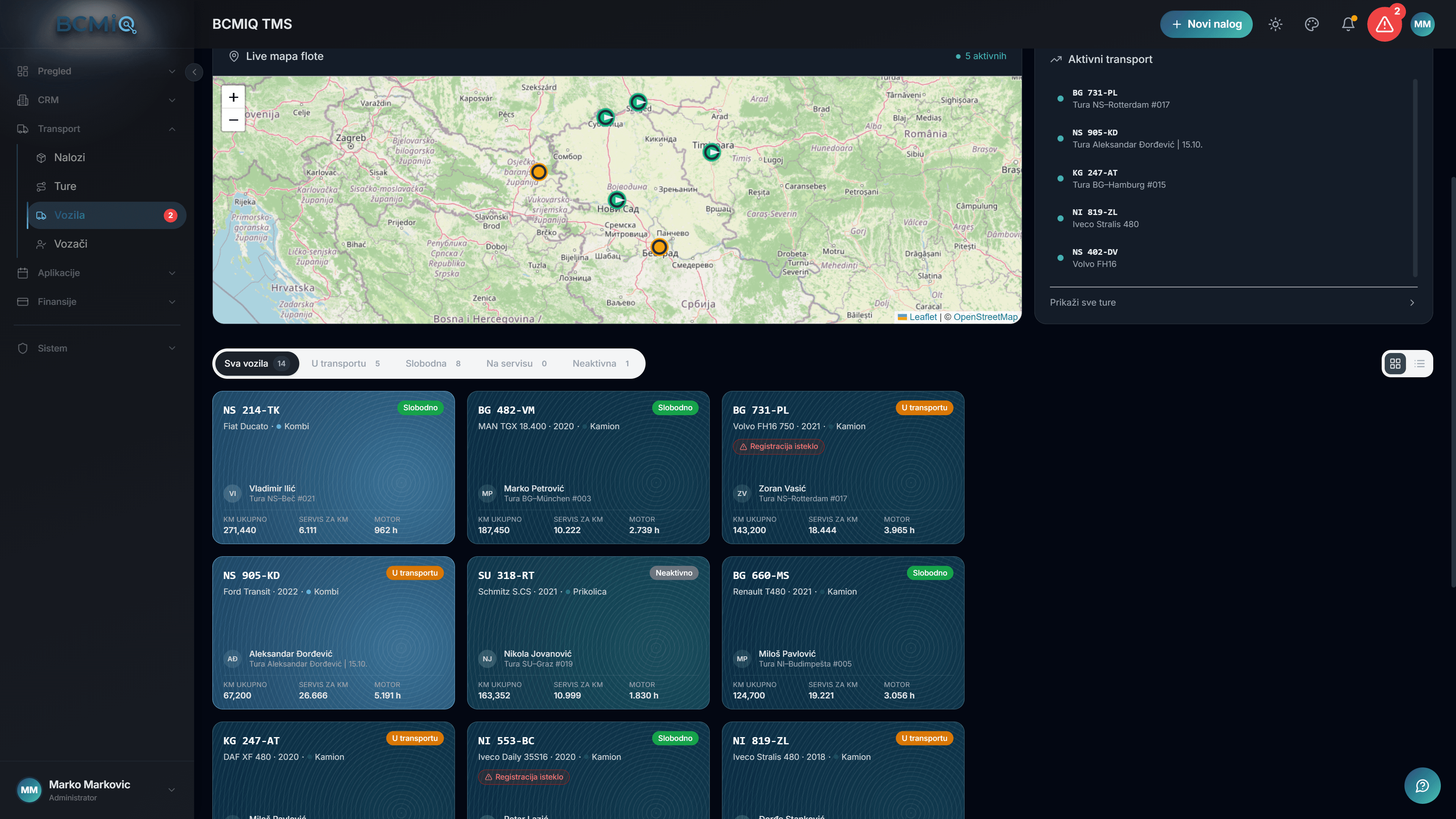 Vozni park u BCMiQ TMS-u: mapa flote uživo, vozila u transportu i kartice vozila sa vozačem, turom, kilometražom i statusom