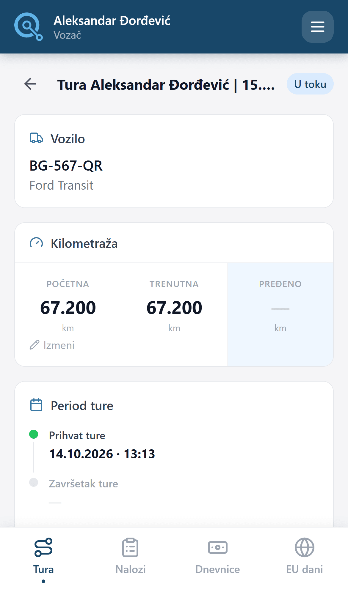 Aplikacija za vozače, aktuelna tura sa vozilom, kilometražom i periodom ture